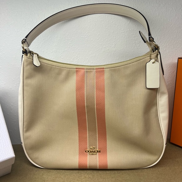 Coach Handbags - Coach New York Beige with Light Orange vertical stripe Hobo Handbag